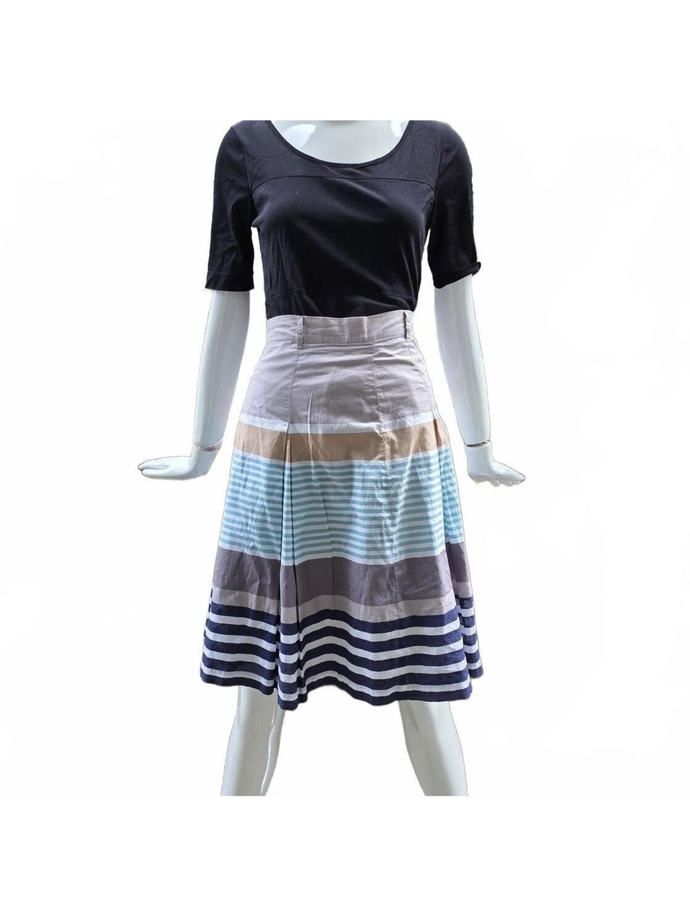 Jackpot Striped Pleated A-Line Skirt -Cotton,Blue, Tan, Grey - Size 38 (Med)